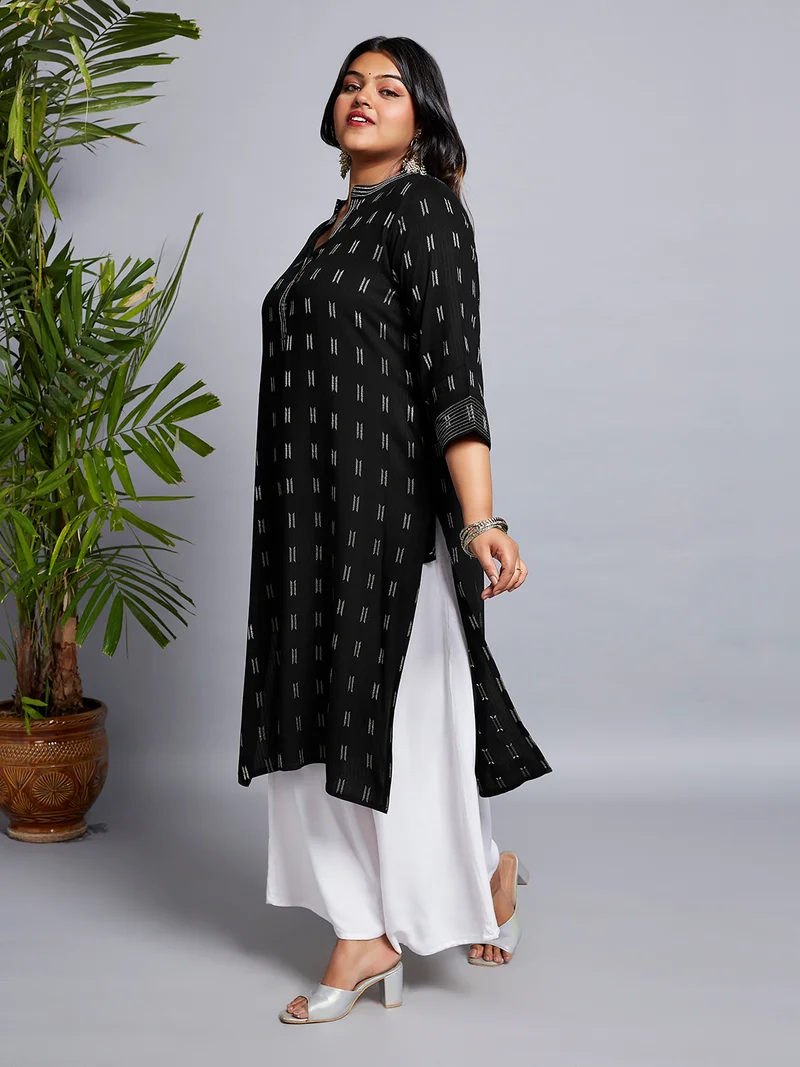 globus Gloplus Women Mandarin Collar Zari Detail Woven Design Straight Plus Size Workwear Kurta