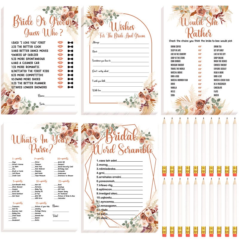 Funtery 220 Pieces Bridal Shower Games Cards Bridal Shower Games Supplies Including Wedding Cards and 20 Pcs Pencils for Bride and Groom Supplies Bachelorette Party Wedding Shower Party Favor Boho