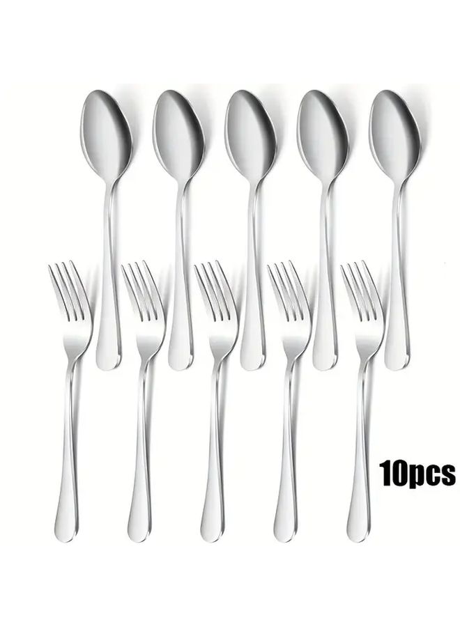 10pcs Silvery Stainless Steel Fork and Spoon Set Mirror Polished Dishwasher Safe - Image 1