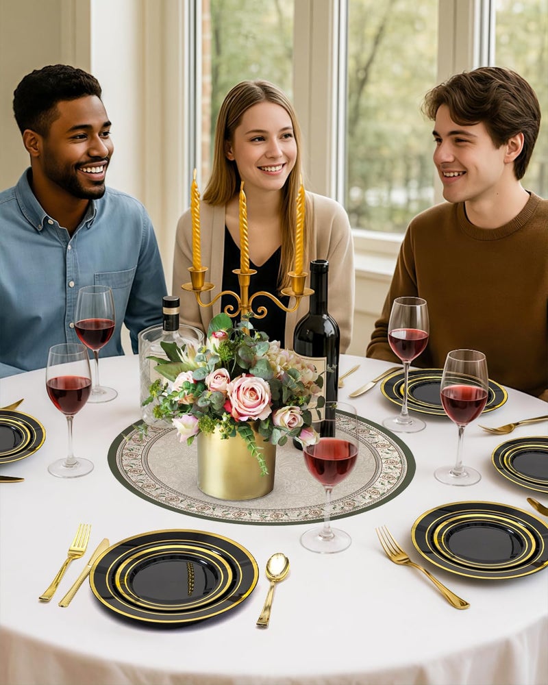BESTSTAR 200PCS Black Plastic Plates Set with Gold Rim, 100 10.25 inch Dinner Plates and 100 7.5 inch Dessert Plates, Premium Disposable Plates forfor Party, Wedding, Holiday,And Halloween - Image 5