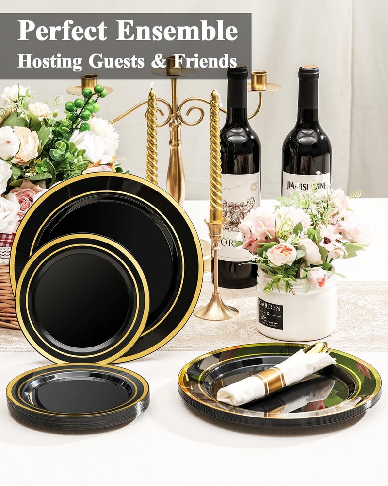 BESTSTAR 200PCS Black Plastic Plates Set with Gold Rim, 100 10.25 inch Dinner Plates and 100 7.5 inch Dessert Plates, Premium Disposable Plates forfor Party, Wedding, Holiday,And Halloween - Image 3