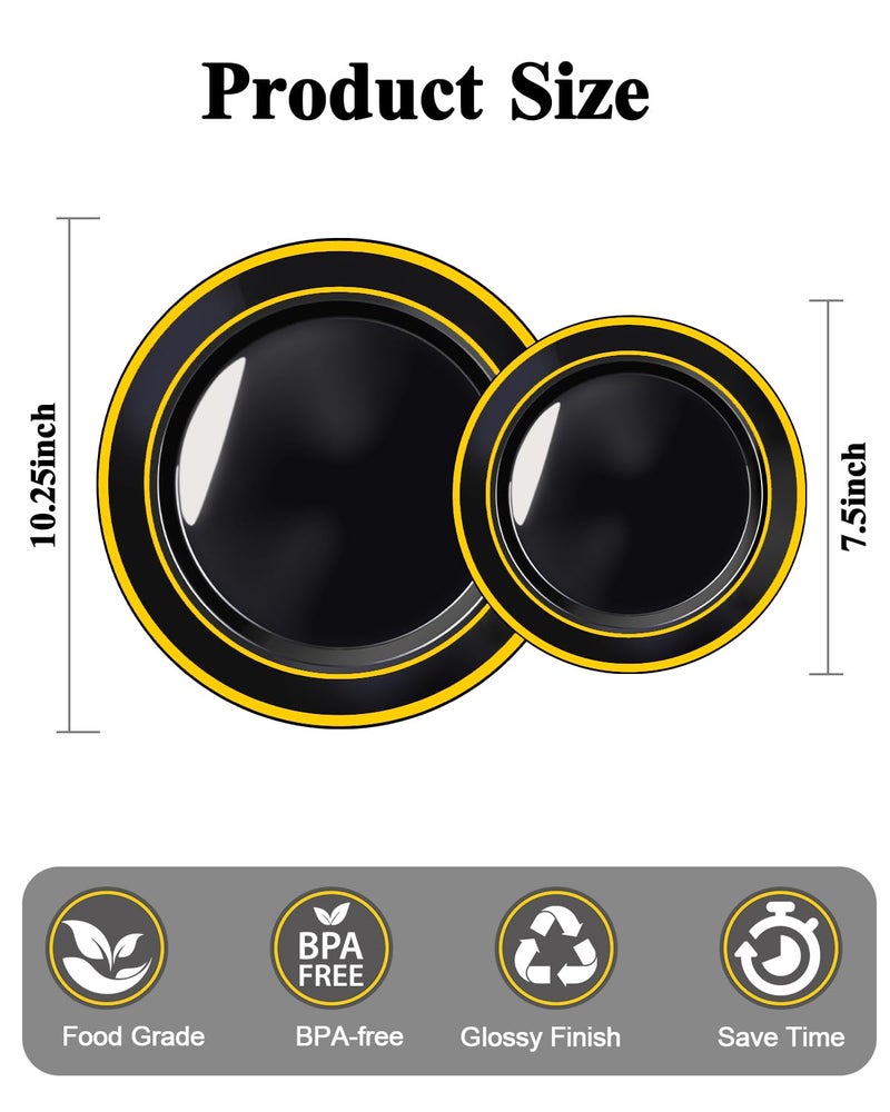 BESTSTAR 200PCS Black Plastic Plates Set with Gold Rim, 100 10.25 inch Dinner Plates and 100 7.5 inch Dessert Plates, Premium Disposable Plates forfor Party, Wedding, Holiday,And Halloween - Image 4