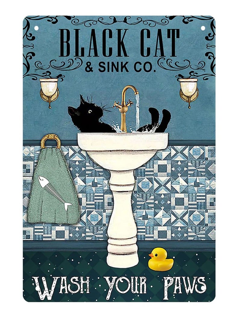 Y&D Funny Black Cat Vintage Metal Tin Signs, Wall Art Decoration Poster Print Decor Bathroom 8x12 in - Image 1