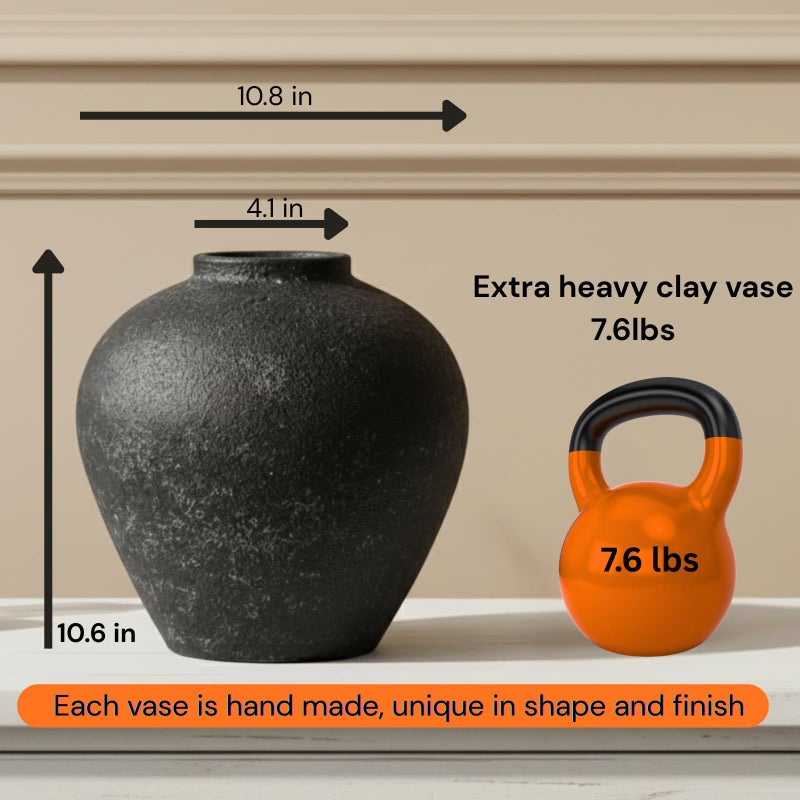 RyddeligHome Handmade Large Rustic Ceramic Vase 10.6 inches Tall, Farmhouse Stone Decor, Big Black Round Vase Living Room Home Decor, Earthy Textured Large Vases for Centerpieces Console Table - Image 5