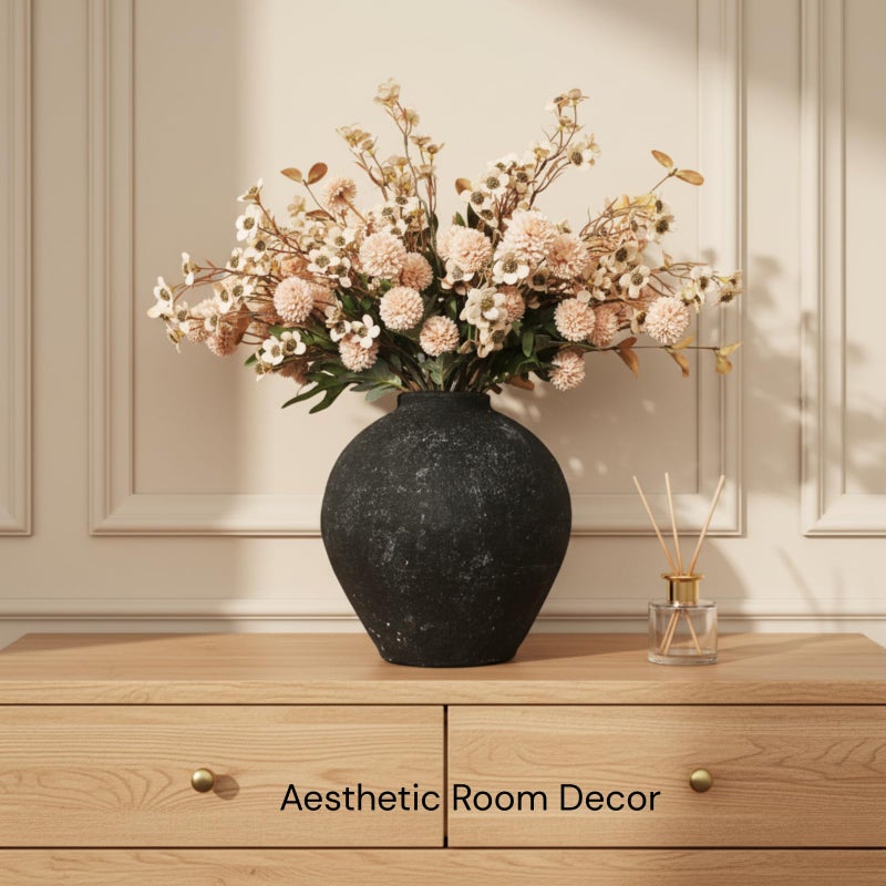 RyddeligHome Handmade Large Rustic Ceramic Vase 10.6 inches Tall, Farmhouse Stone Decor, Big Black Round Vase Living Room Home Decor, Earthy Textured Large Vases for Centerpieces Console Table - Image 2