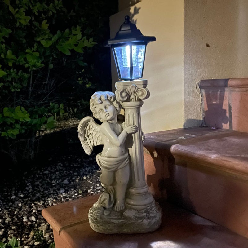 ALOAK Angel Statue with Solar Lights Left 197 Inch Outdoor Solar Angel Garden Statue with Roma Pillar for Garden Lawn Deocr Christian Religious Gift