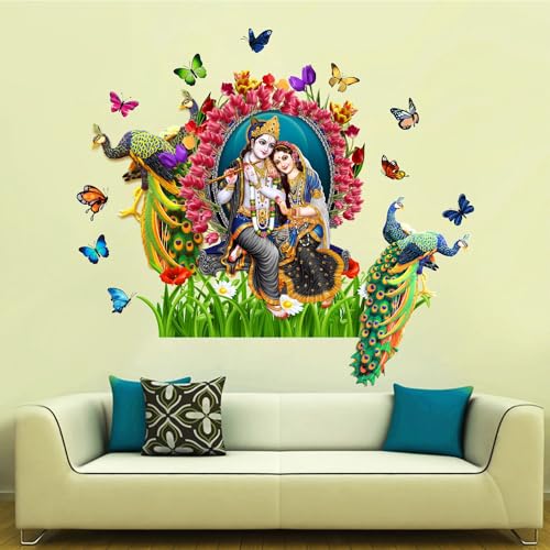 Sticker Yard Radha Krishna Butterfly Peacock Wall Decor for Kids Room, Hall, Kitchen, Living Room, Bedroom - Vinyl Multicolor (Standard Size 84X76Cm) - Image 1