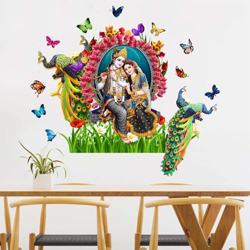 Sticker Yard Radha Krishna Butterfly Peacock Wall Decor for Kids Room, Hall, Kitchen, Living Room, Bedroom - Vinyl Multicolor (Standard Size 84X76Cm) - Image 3