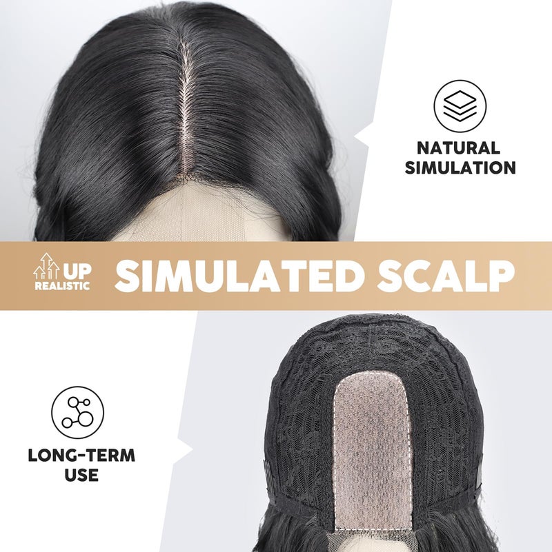 MISSQUEEN 18 Inch Short Wavy Black Wig for Women Medium Length Black Bob Style Synthetic Heat-resistant Natural Realistic Lace Hairline Black Hair Wig for Everyday Hairstyle Cosplay Party Use - Image 4