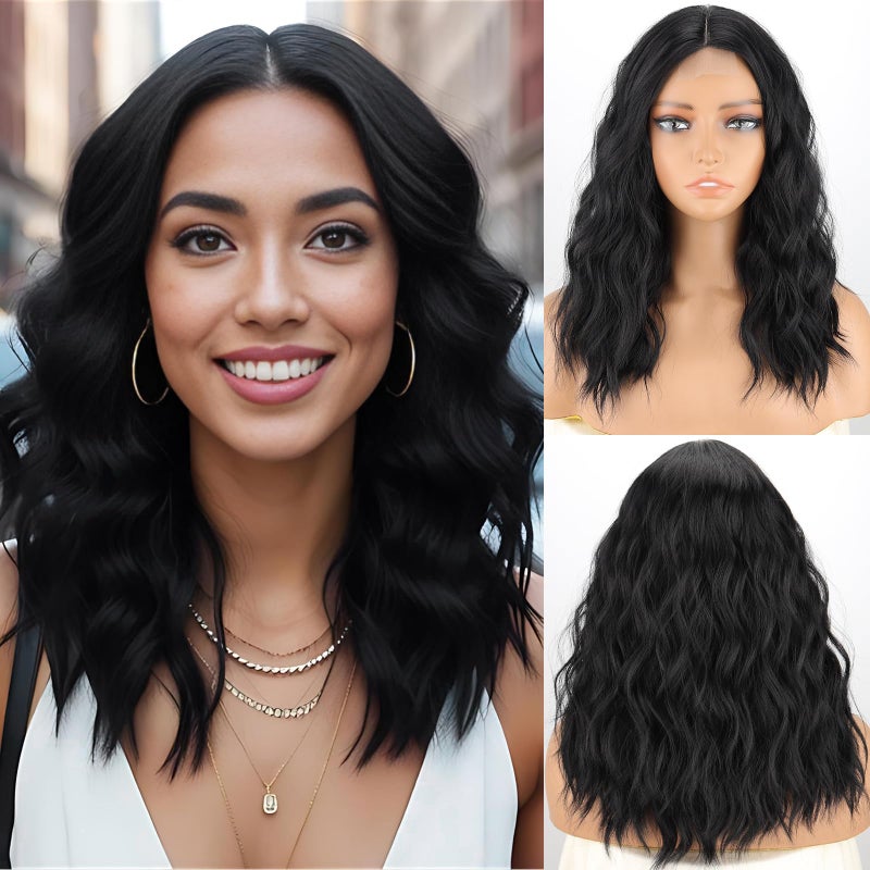 MISSQUEEN 18 Inch Short Wavy Black Wig for Women Medium Length Black Bob Style Synthetic Heat-resistant Natural Realistic Lace Hairline Black Hair Wig for Everyday Hairstyle Cosplay Party Use - Image 1