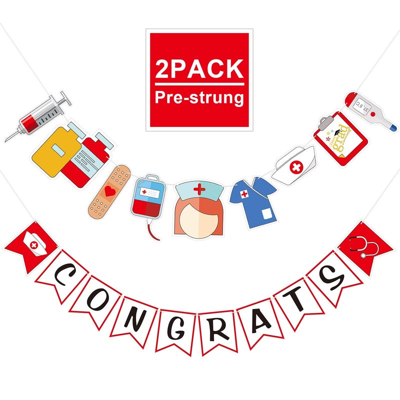 Whaline Nurse Graduation Banner Congrats Nurse Hanging Bunting Garland 2025 RN Nursing Grad Party Banner Nurse Appreciation Week Day Decor for Medical Nursing School Graduation Party 2Pcs