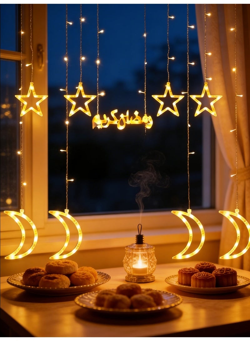 يواوليتي رمضان الديكور ضوء 2 متر الدافئة الأبيض القمر ستار الستار رمضان ضوء لغرفة النوم الجدار ، حزب في الهواء الطلق ، رمضان الزينة ، الجنية سلسلة ضوء مع 8 وسائط الإضاءة أوسب - Image 2