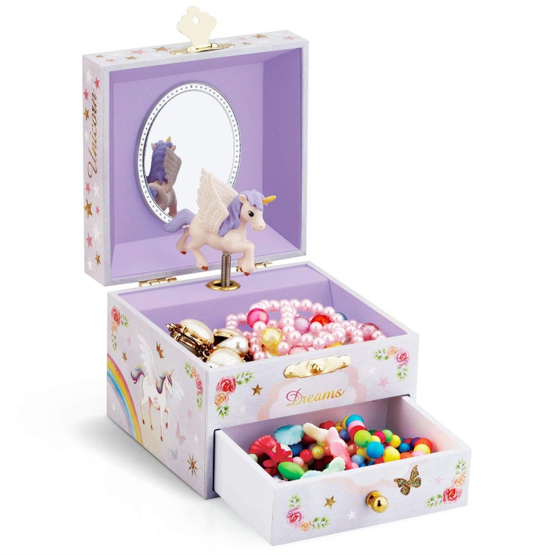 RR ROUND RICH DESIGN Kids Musical Jewelry Box for Girls with Drawer and Jewelry Set with Brave Unicorn - Beautiful Dream Tune Purple - Image 3