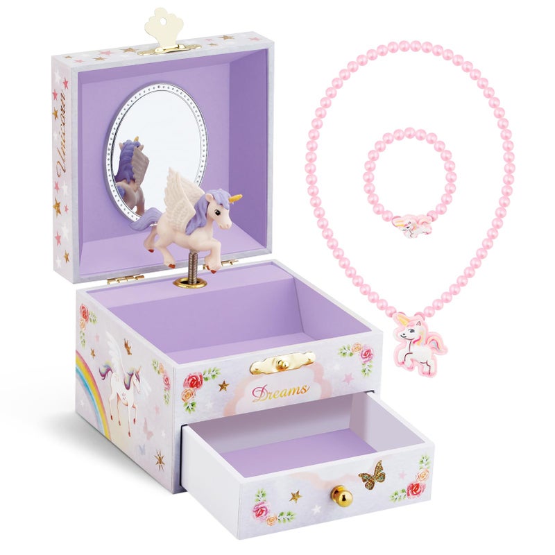RR ROUND RICH DESIGN Kids Musical Jewelry Box for Girls with Drawer and Jewelry Set with Brave Unicorn - Beautiful Dream Tune Purple - Image 1