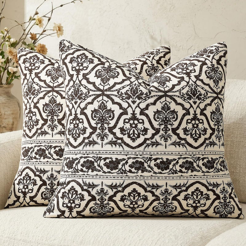 OMMATO Brown Vintage Floral Pillow Covers: 18x18 Chocolate Decorative Rustic Patterned Throw Pillows - Couch Sofa Boho Farmhouse Cushions Pillowcases Set of 2 Living Room Square Cotton Throw Pillow Covers - Image 1