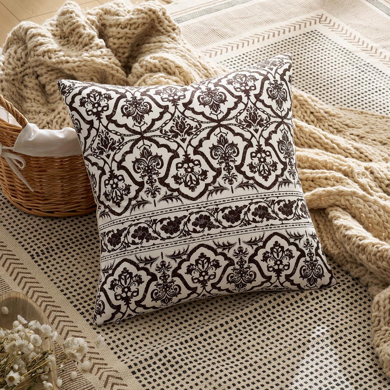 OMMATO Brown Vintage Floral Pillow Covers: 18x18 Chocolate Decorative Rustic Patterned Throw Pillows - Couch Sofa Boho Farmhouse Cushions Pillowcases Set of 2 Living Room Square Cotton Throw Pillow Covers - Image 2