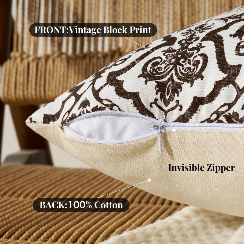 OMMATO Brown Vintage Floral Pillow Covers: 18x18 Chocolate Decorative Rustic Patterned Throw Pillows - Couch Sofa Boho Farmhouse Cushions Pillowcases Set of 2 Living Room Square Cotton Throw Pillow Covers - Image 3