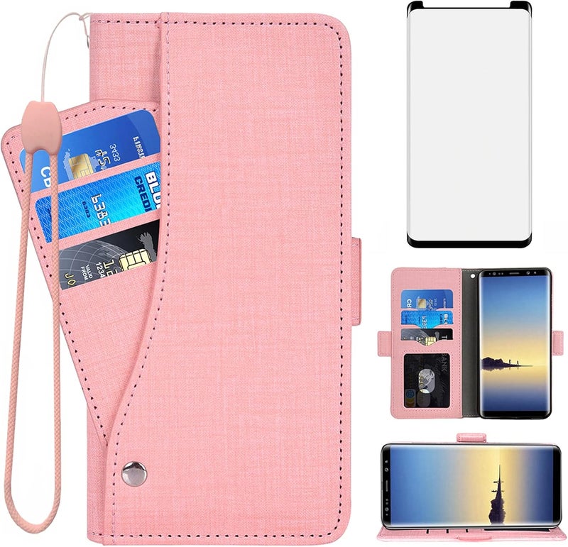 Asuwish Compatible with Samsung Galaxy Note 9 Wallet Case Tempered Glass Screen Protector and Flip Cover Card Holder Cell Accessories Phone Cases for Galaxies Gaxaly Glaxay Note9 Not S9 Women Men Pink - Image 1