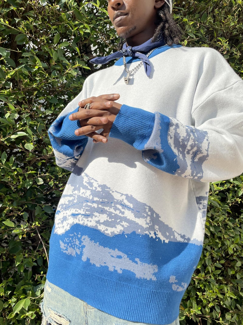 Yimoon Men Sweaters Oversized Graphic Casual Cable Knitted Jumper Pullover Cute Unisex Crewneck Retro Couple Tops (Blue-S) - Image 2