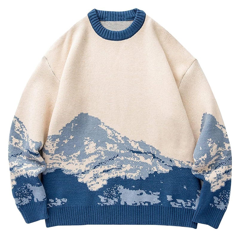 Yimoon Men Sweaters Oversized Graphic Casual Cable Knitted Jumper Pullover Cute Unisex Crewneck Retro Couple Tops (Blue-S) - Image 1