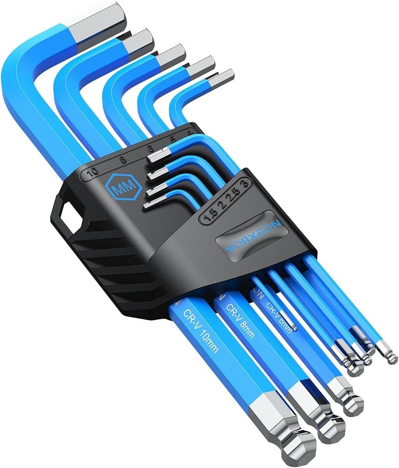 مجموعة مفاتيح ألين (Allen Key Set) مكونة من 9 قطع، مفاتيح هكسونية (Hex Keys) بنهاية كروية طويلة ومقياس متري، مزودة بترميزات واضحة لاستخدامها في إصلاح الدراجات والموتوسيكلات، تجميع الأثاث، والأعمال اليدوية المنزلية (القياسات: 1.5مم – 10مم). - Image 1