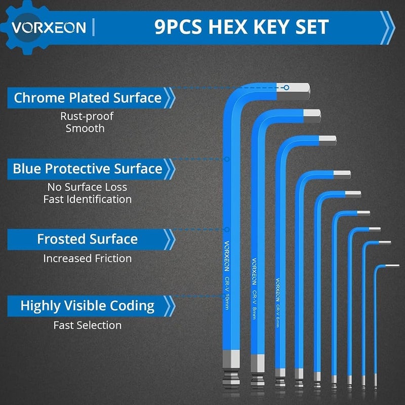 مجموعة مفاتيح ألين (Allen Key Set) مكونة من 9 قطع، مفاتيح هكسونية (Hex Keys) بنهاية كروية طويلة ومقياس متري، مزودة بترميزات واضحة لاستخدامها في إصلاح الدراجات والموتوسيكلات، تجميع الأثاث، والأعمال اليدوية المنزلية (القياسات: 1.5مم – 10مم). - Image 3