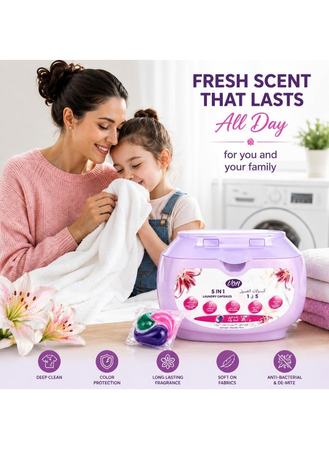 VON 5 in 1 Laundry Pods 18 Count Pack of 4 – 72 Pods Total | Powerful Laundry Detergent Liquid Capsules with Deep Clean, Stain Removal, Softener, Color Protection & Long Lasting Lily Scent Freshness - Image 5