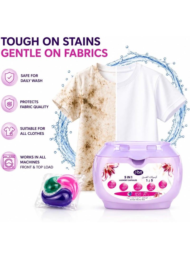 VON 5 in 1 Laundry Pods 18 Count Pack of 4 – 72 Pods Total | Powerful Laundry Detergent Liquid Capsules with Deep Clean, Stain Removal, Softener, Color Protection & Long Lasting Lily Scent Freshness - Image 3