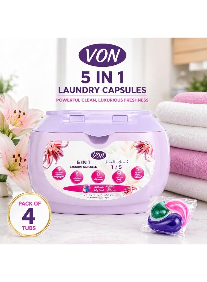 VON 5 in 1 Laundry Pods 18 Count Pack of 4 – 72 Pods Total | Powerful Laundry Detergent Liquid Capsules with Deep Clean, Stain Removal, Softener, Color Protection & Long Lasting Lily Scent Freshness - Image 2