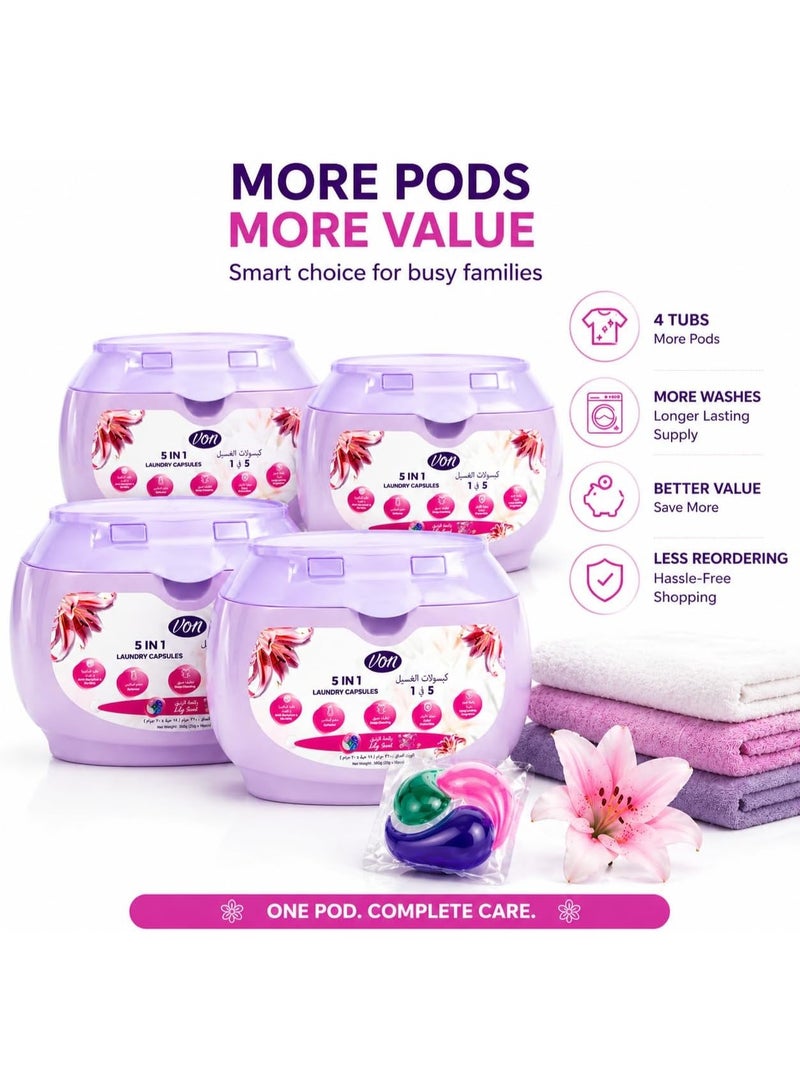 VON 5 in 1 Laundry Pods 18 Count Pack of 4 – 72 Pods Total | Powerful Laundry Detergent Liquid Capsules with Deep Clean, Stain Removal, Softener, Color Protection & Long Lasting Lily Scent Freshness - Image 4