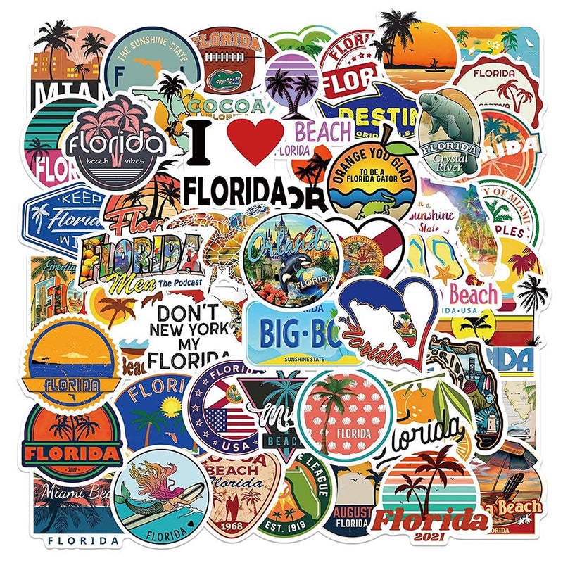 Love Florida Stickers 50Pcs Florida Beach Scenery Waterproof Vinyl Decals for Water Bottles Bicycle Laptop Refrigerator Luggage Computer Mobile Phone Skateboard Bike Dcor
