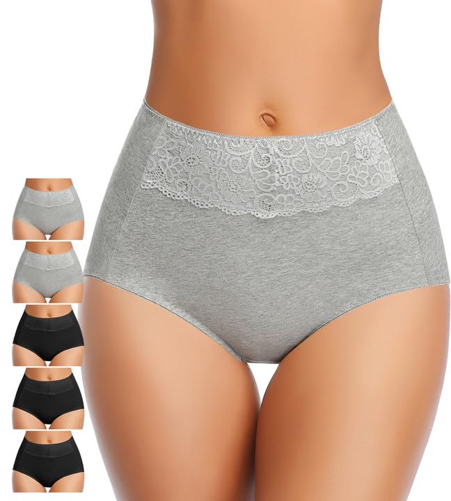 MISSWHO Women's High Waisted Cotton Underwear, Female Underwear Soft Breathable Full Coverage Stretch Briefs Ladies Panties 5-Pack - Image 1