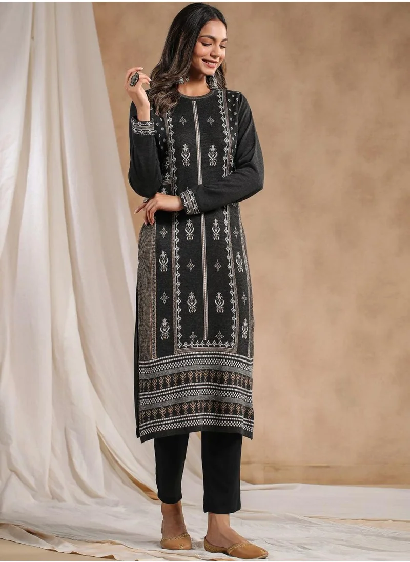 ISHIN Women's Ethnic CHARCOAL STRAIGHT POLY KURTA