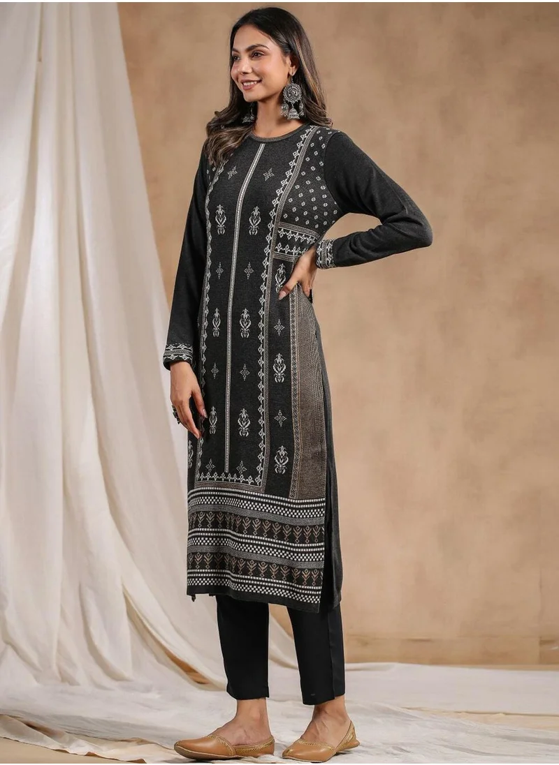 ISHIN Women's Ethnic CHARCOAL STRAIGHT POLY KURTA