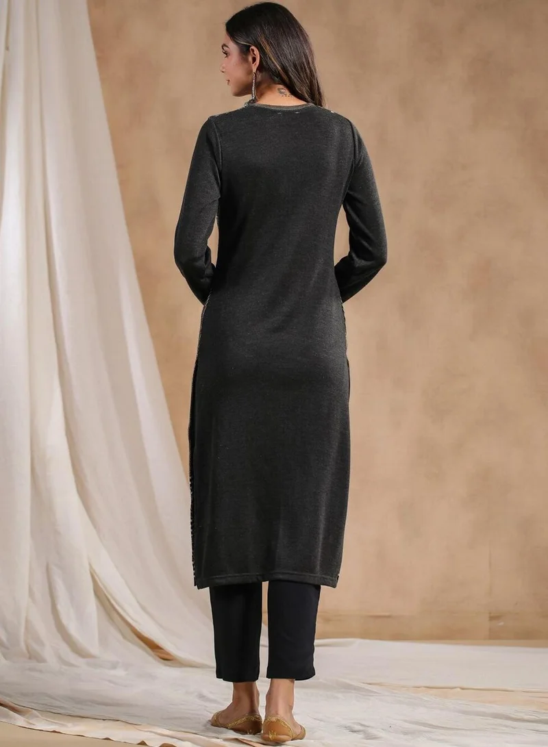 ISHIN Women's Charcoal Polyester Blend Embellished Tunic Straight Fit Kurta