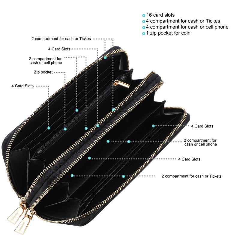 B BRENTANO Vegan Leather Double Zipper Pocket Wallet with Grip Hand Strap (Chevron Embroidered Black) - Image 3