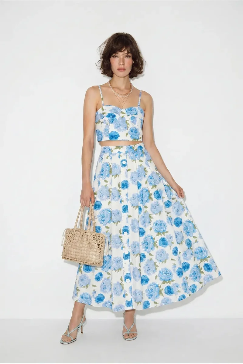 بيانكو لوتشي LUCCI Floral Cotton Blouse And Midi Skirt Set