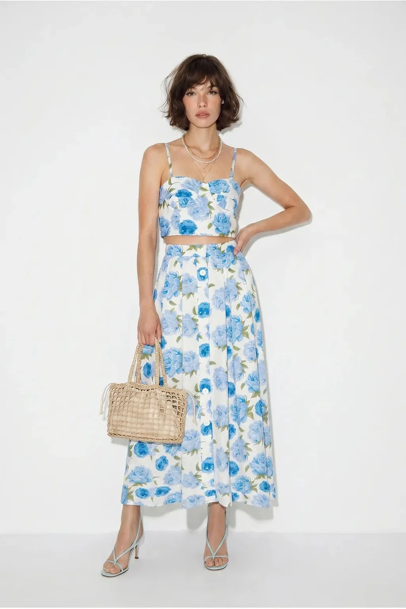 بيانكو لوتشي LUCCI Floral Cotton Blouse And Midi Skirt Set