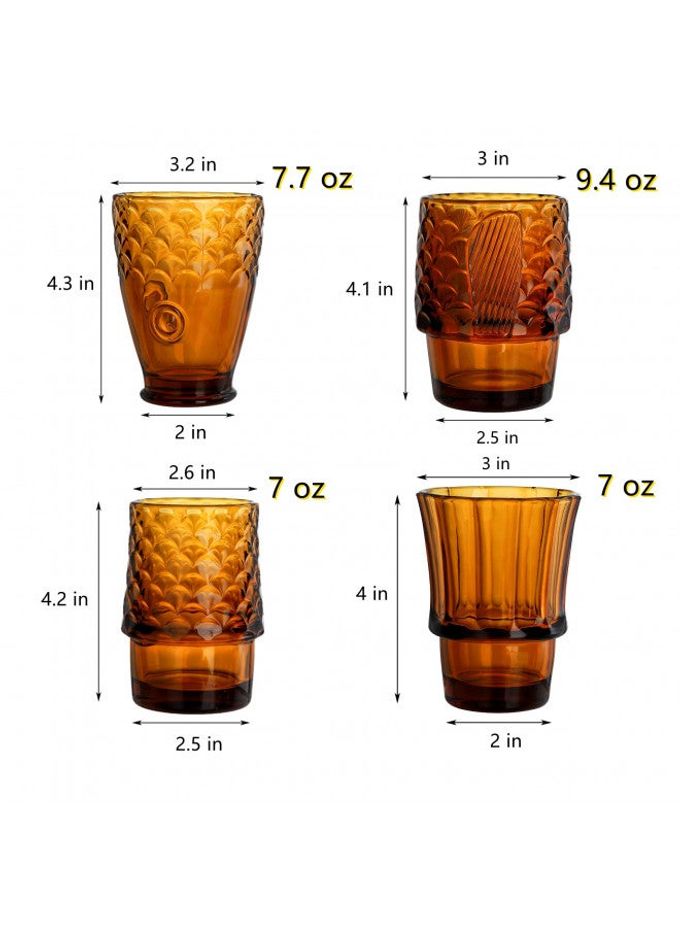Frcctre Set of 4 Koi Fish Design Drinking Glasses, Stackable Amber Tumbler Glasses Beverage Cups Juice Tumblers Drinking Water Cups Nautical Glassware for Home, Party, Bar - Image 1