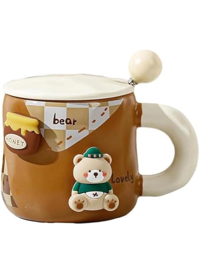 HOOKOR Korean Cartoon Teddy Bear Ceramic Mug with Lid and Spoon - 400ml  - Image 1
