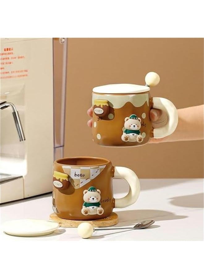 HOOKOR Korean Cartoon Teddy Bear Ceramic Mug with Lid and Spoon - 400ml  - Image 4