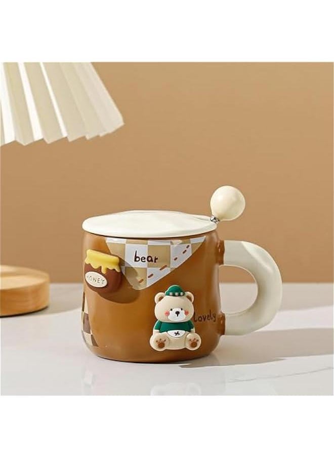 HOOKOR Korean Cartoon Teddy Bear Ceramic Mug with Lid and Spoon - 400ml  - Image 2