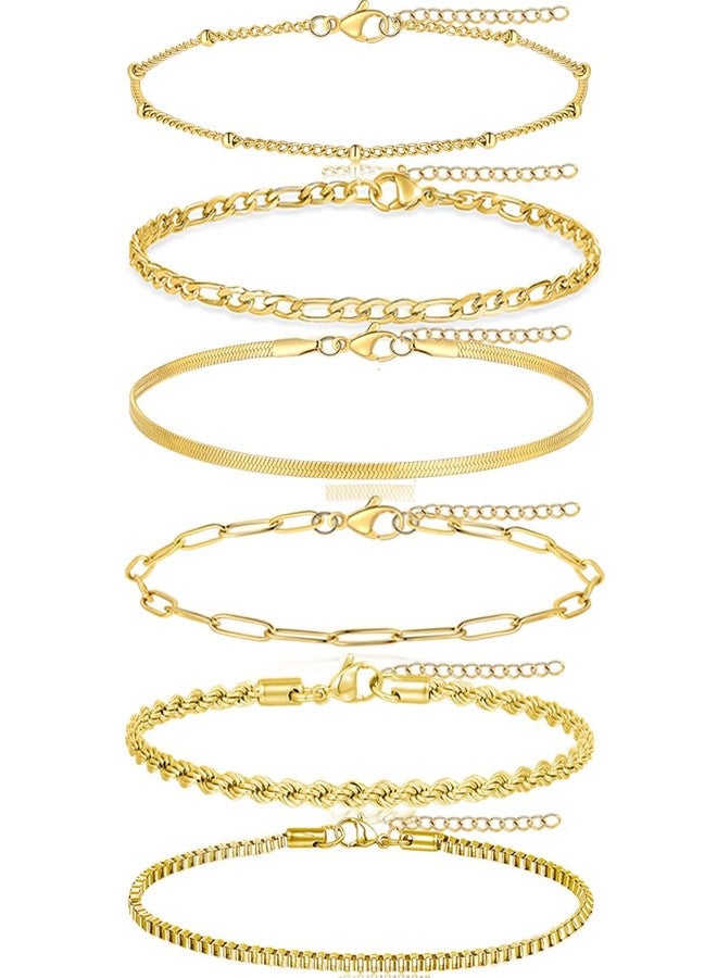 Tornito 6Pcs Gold Bracelets for Women 14K Gold Plated Stainless Steel Chain Bracelets Stackable Paperclip Satellite Figaro Box Rope Herring bone Link Bracelets Jewelry Sets 6.6 Inches Silver Gold Tone - Image 3