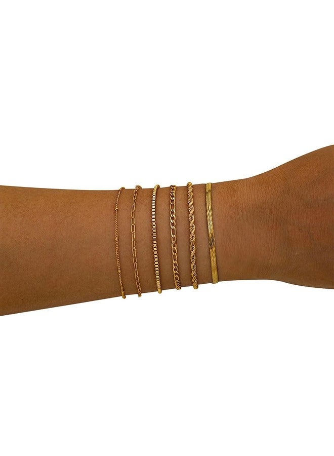Tornito 6Pcs Gold Bracelets for Women 14K Gold Plated Stainless Steel Chain Bracelets Stackable Paperclip Satellite Figaro Box Rope Herring bone Link Bracelets Jewelry Sets 6.6 Inches Silver Gold Tone - Image 2