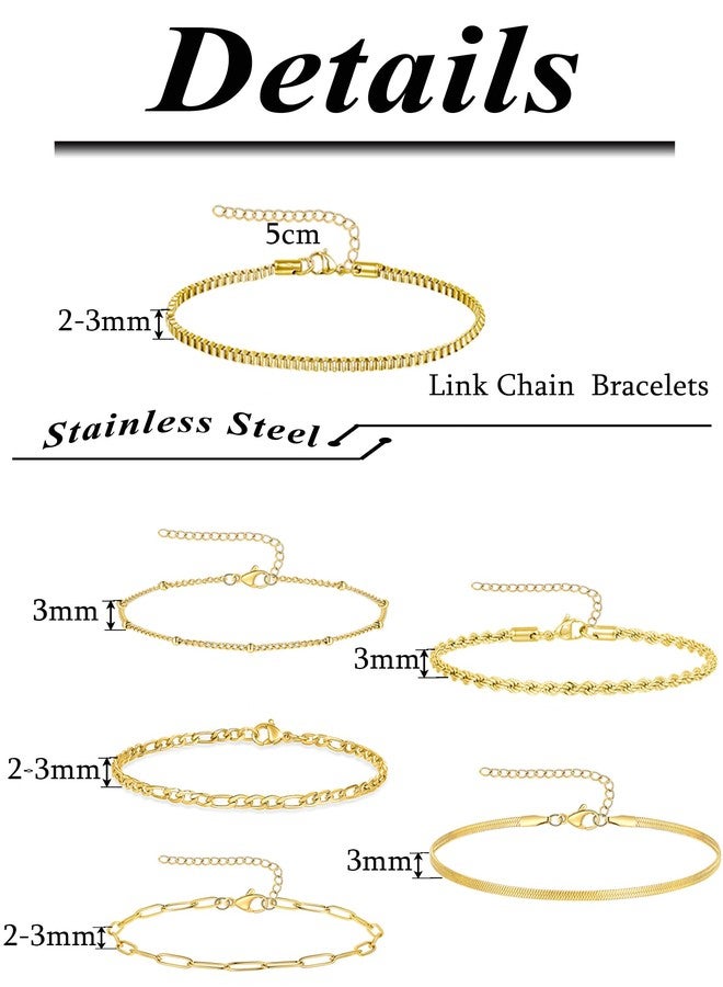 Tornito 6Pcs Gold Bracelets for Women 14K Gold Plated Stainless Steel Chain Bracelets Stackable Paperclip Satellite Figaro Box Rope Herring bone Link Bracelets Jewelry Sets 6.6 Inches Silver Gold Tone - Image 4