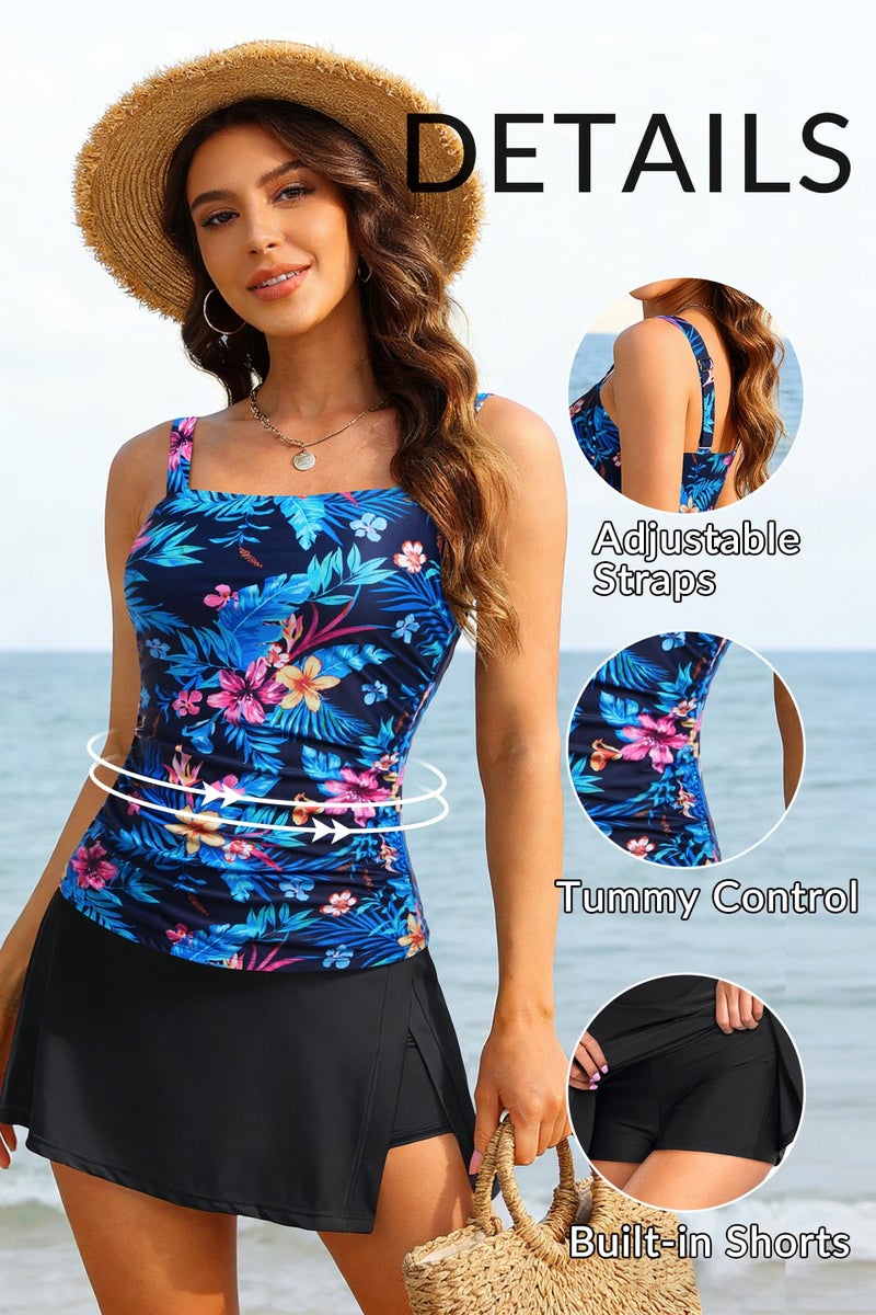 Talisea Womens Two Piece Tankini Bathing Suits with Skirt Tummy Control Swimsuits Ladies Swimwear Blue Floral L - Image 5