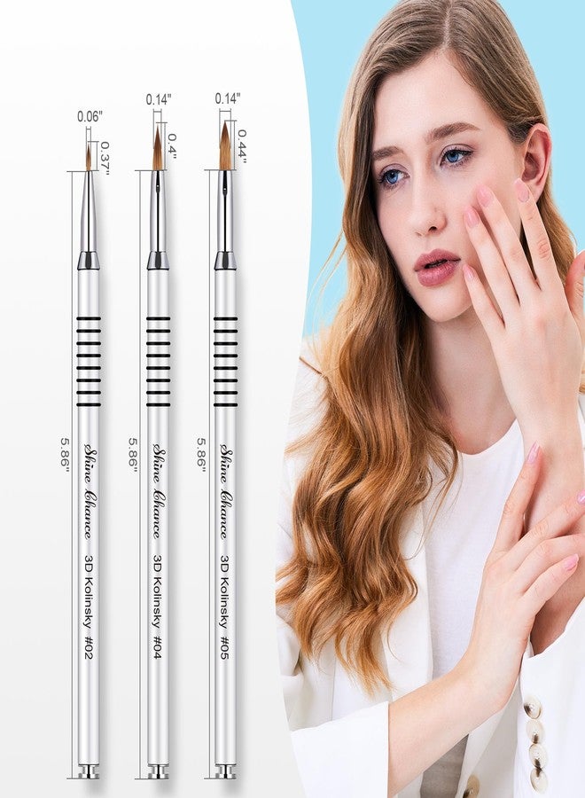 Shine Chance 3Pcs 3D Nail Brushes Set Size 2 4 5, Kolinsky Hair Acrylic Flower Nail Art Brush, Art Design & Polish Mistake Cleaning Manicure Tools for Women Acrylic Application, Silver - Image 3