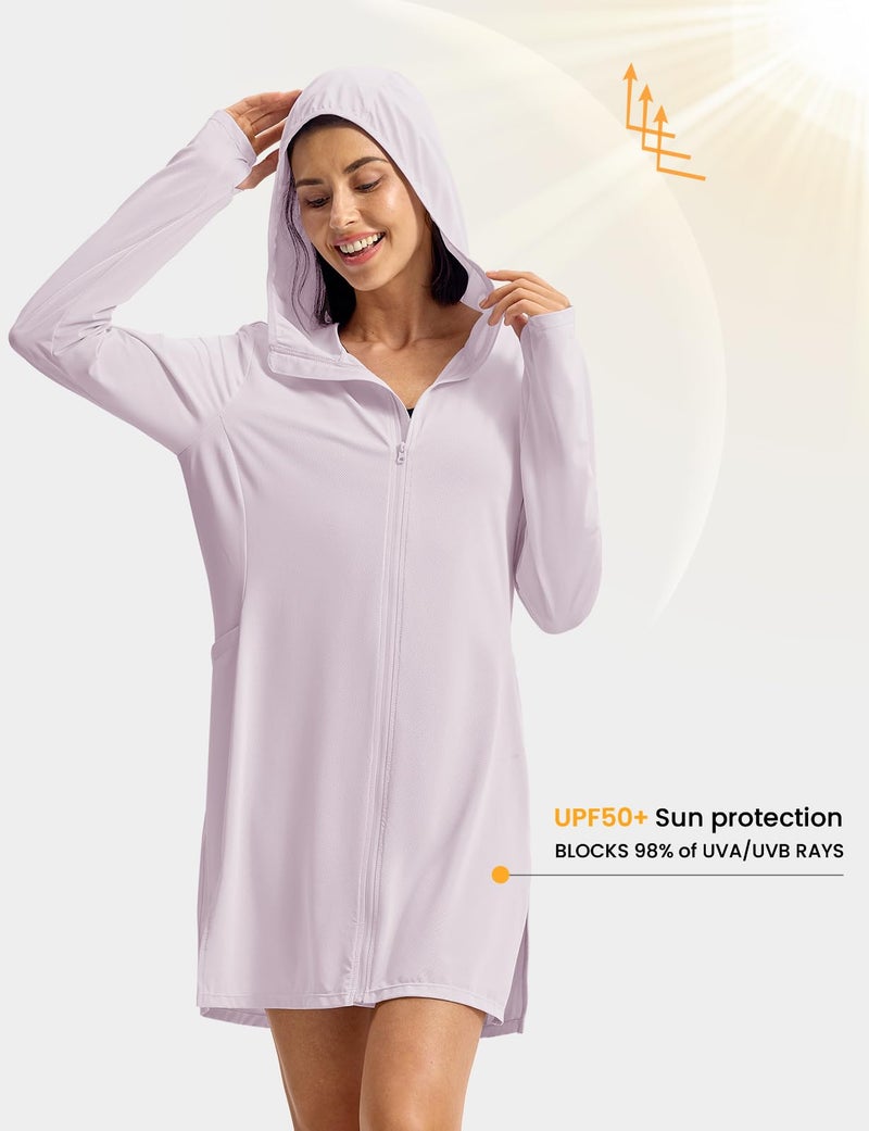 Women's Lightweight Zipper Rash Guard Swim Cover Up Solid Beach Dress - Image 3