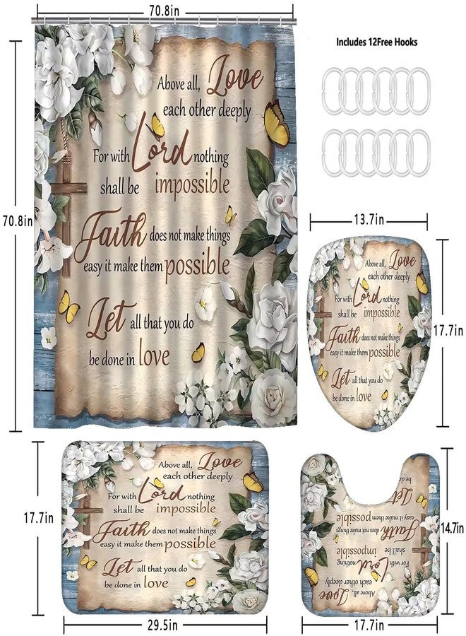 AZHM White Camellia Flower Shower Curtain Sets Inspirational Quotes with Yellow Butterfly Bathroom Decor Accessories Set with Rugs and 12 Hooks - Image 4