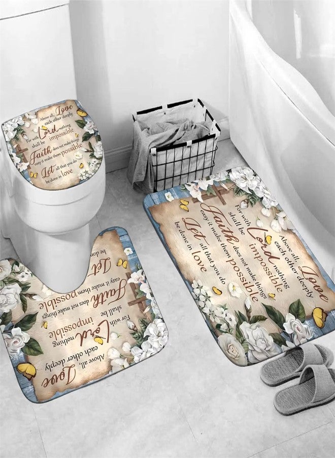 AZHM White Camellia Flower Shower Curtain Sets Inspirational Quotes with Yellow Butterfly Bathroom Decor Accessories Set with Rugs and 12 Hooks - Image 3